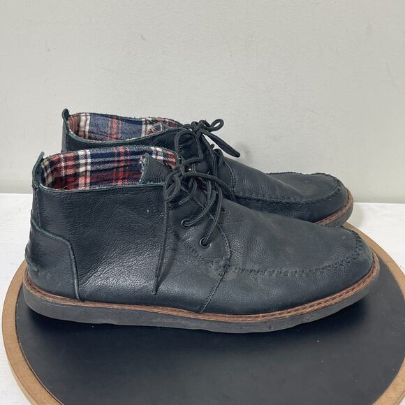 TOMS Black Leather Chukka Boots Men Size 14 Plaid Flannel Lining Casual Lace-Up‎ - Picture 1 of 9
